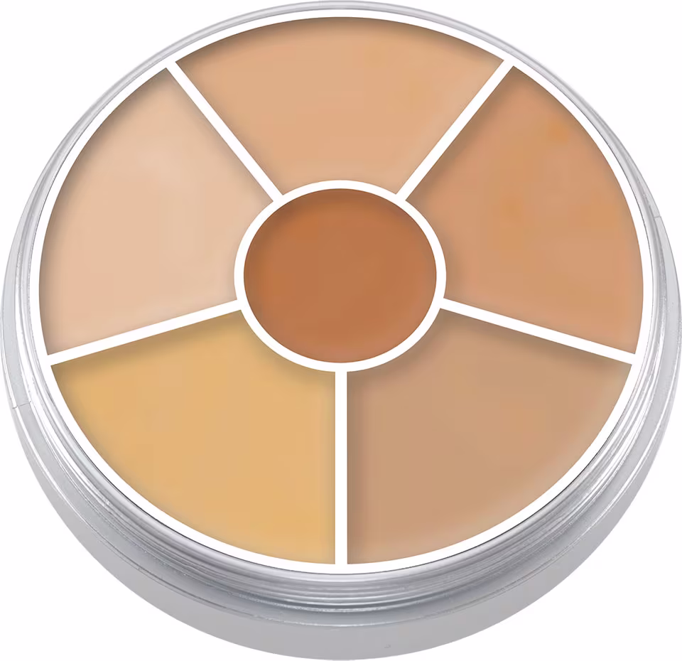 Paleta de corretivos em tons de bege e laranja da marca Kryolan, em embalagem circular dividida em diferentes tons de pele.