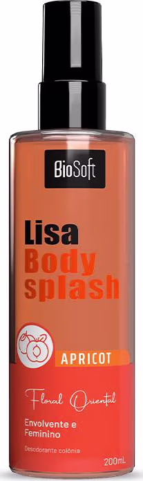 Frasco de corpo com pulverizador da marca BioSoft, na cor laranja, com rótulo indicando "Lisa Body Splash" e "Apricot" como fragrância. O produto é descrito como "Floral Oriental" e "Envolvente e Feminino".