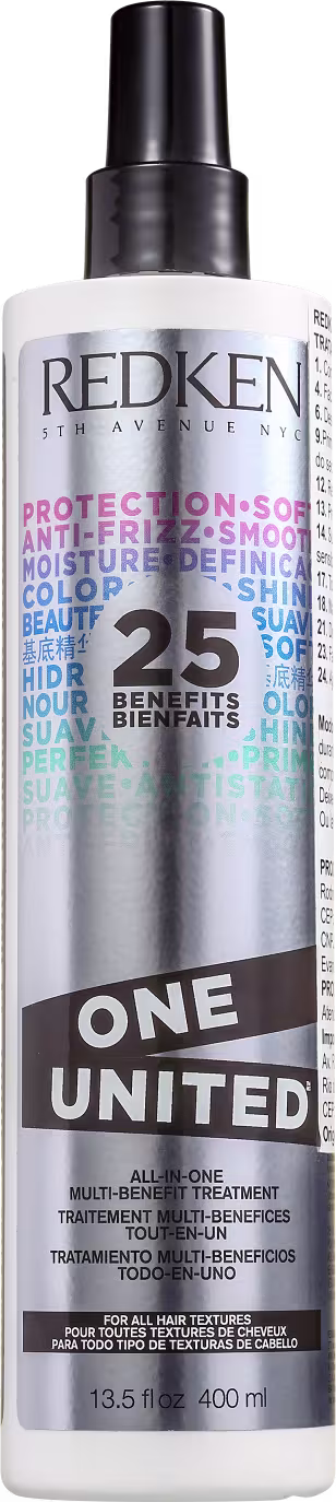 Frasco branco e preto da linha One United da Redken, um tratamento multifuncional com 25 benefícios para todos os tipos de cabelo, incluindo proteção contra frizz e definição da cor.