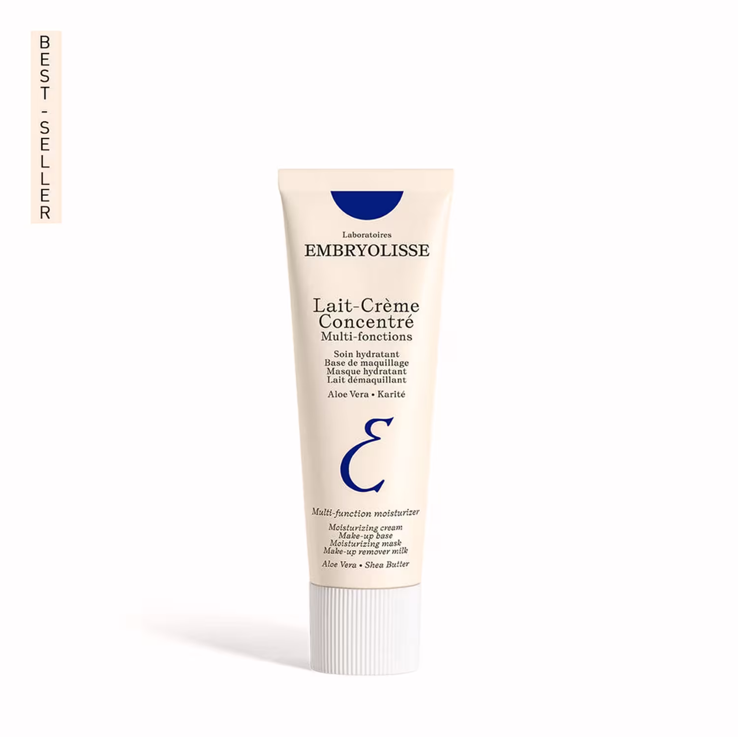 A imagem mostra o Leite Hidratante Facial, Embryolisse Concentré da marca Embryolisse. Ao lado texto destaca: best seller.