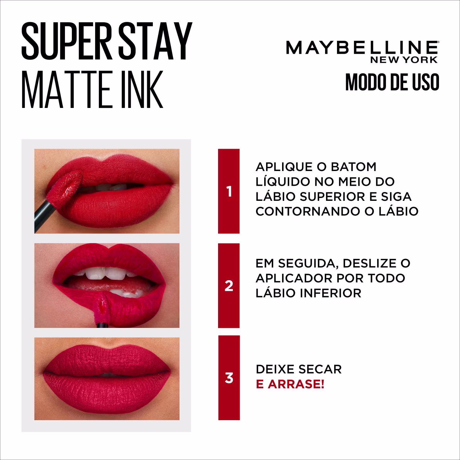 Instruções numeradas de 1 a 3 explicando os passos para aplicação do batom líquido matte.