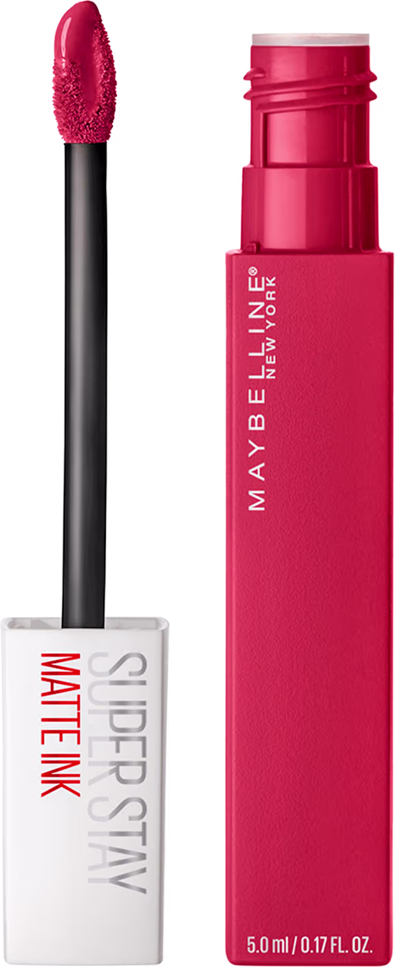 Tubo rosa vibrante com o nome da marca "Maybelline New York" impresso. Ao lado, um aplicador preto com uma ponta esponjosa em formato de lágrima.