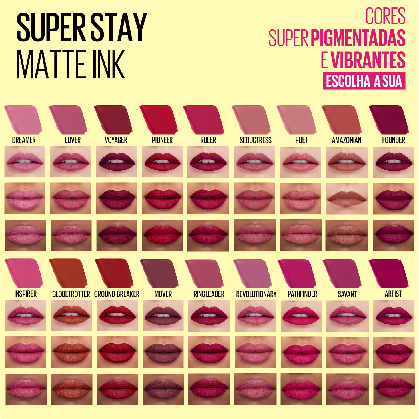 Este é um catálogo de batons mate da linha Super Stay Matte Ink da Maybelline. A imagem apresenta 18 diferentes cores, organizadas em grade. Cada uma é exibida em três fotos, mostrando como o batom se apresenta nos lábios.
