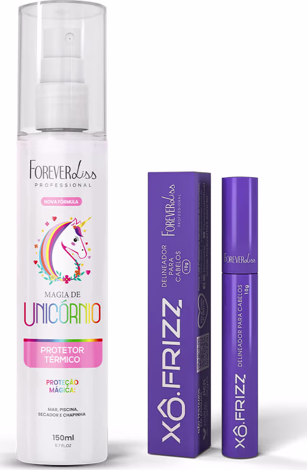 Frasco branco de 150ml com bomba de spray contendo "Magia de Unicórnio", produto da linha Forever Liss Professional. Caixa roxa com produto "Xô Frizz" da mesma marca.