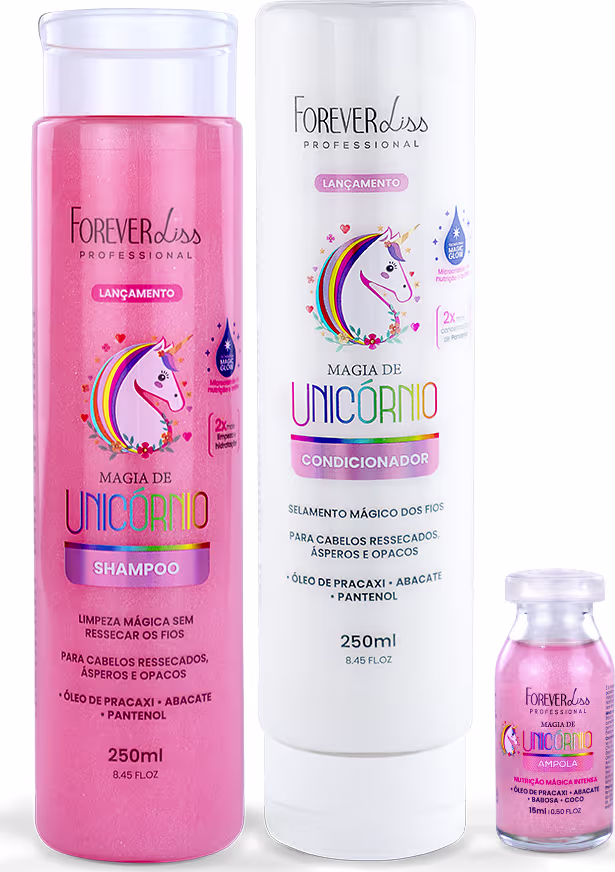 Produtos da linha Magia de Unicórnio da marca Forever Liss Professional, incluindo shampoo, condicionador e um frasco de tratamento, em embalagens com design colorido e ilustrações de unicórnio.