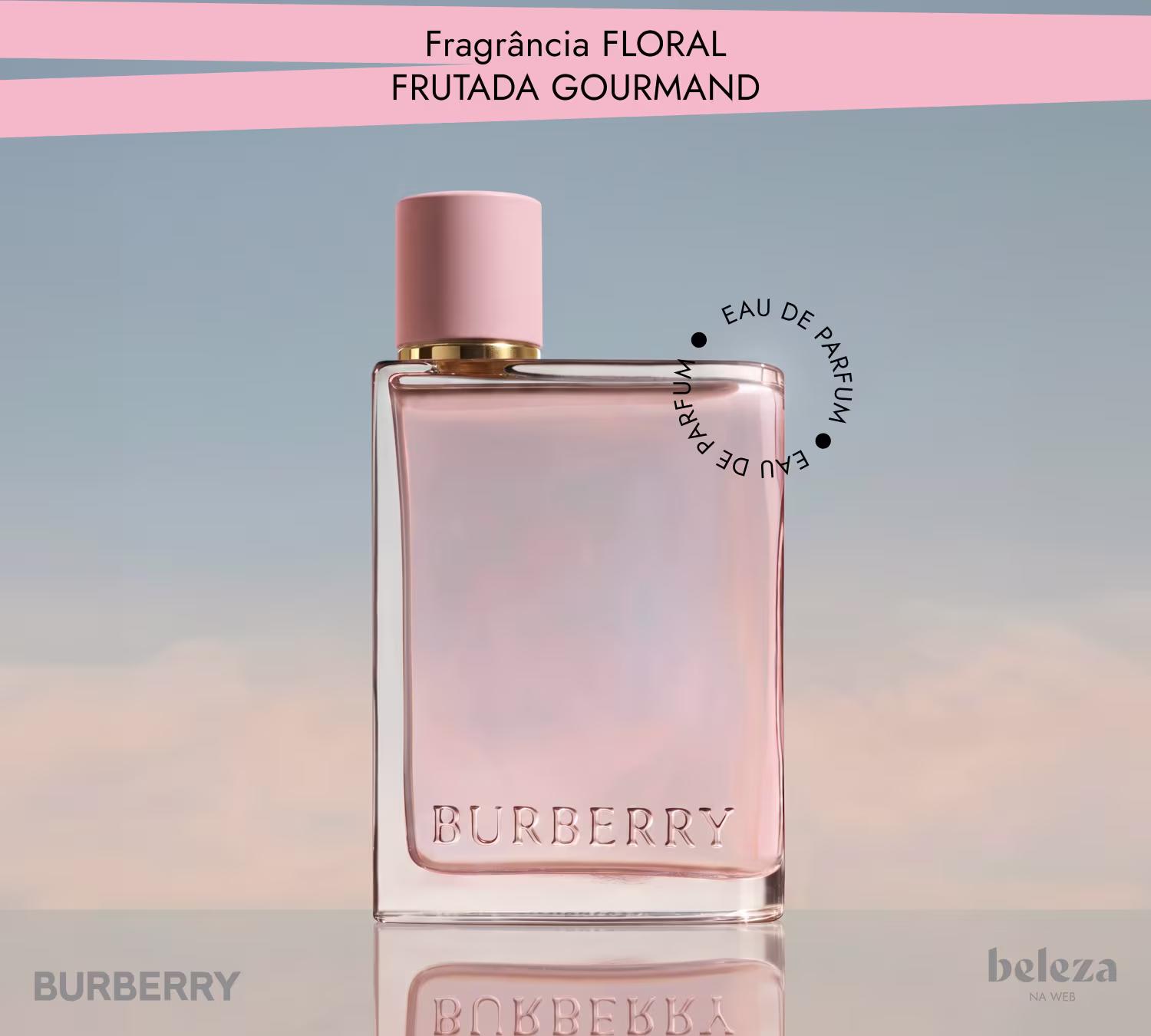 Frasco de item de perfumaria da marca Burberry com fragrância floral frutada gourmand, embalagem rosa com detalhes dourados.