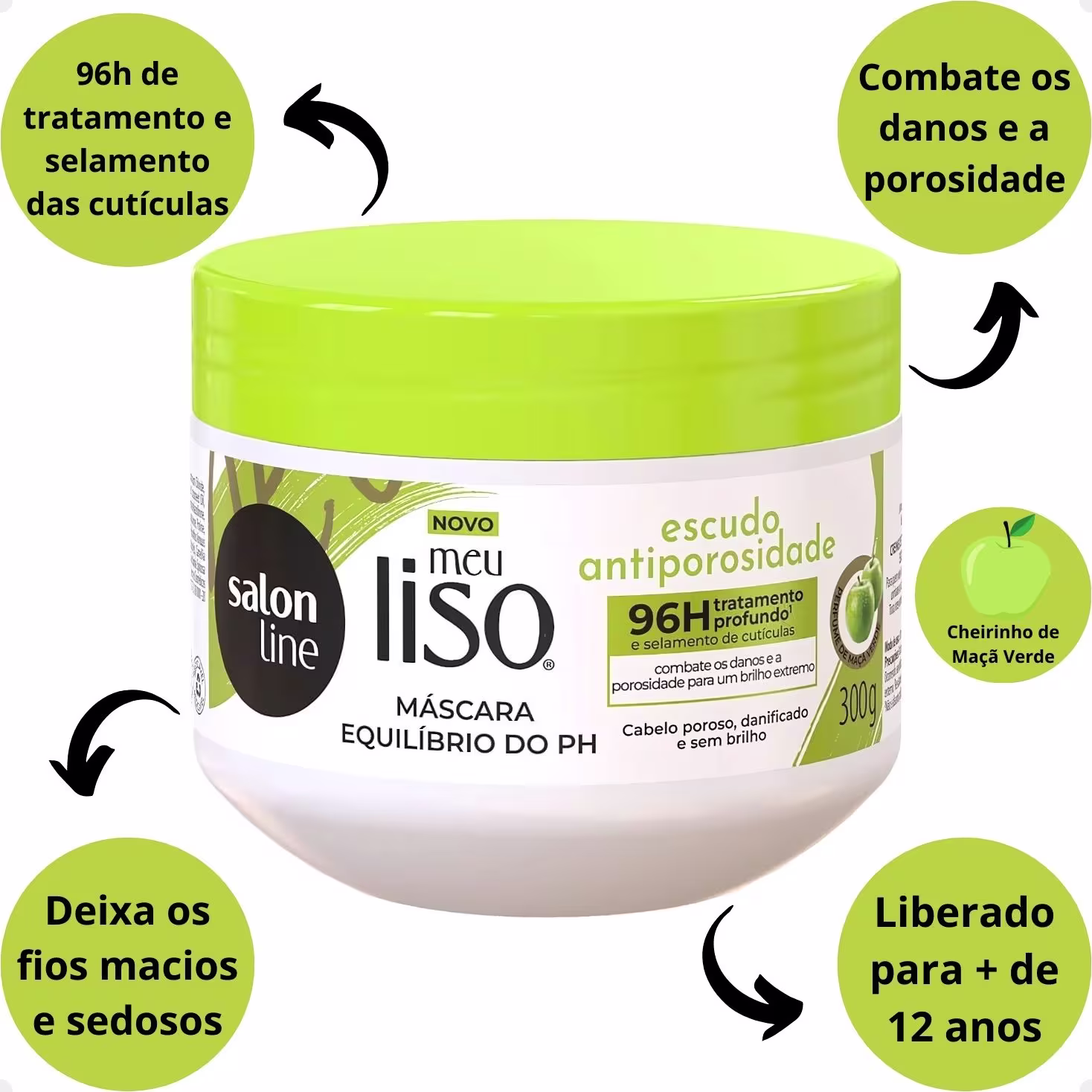 A imagem apresenta texto que destaca características do produto: tratamento profundo de 96 horas para combater os danos e a porosidade, proporcionando um brilho extremo aos cabelos.