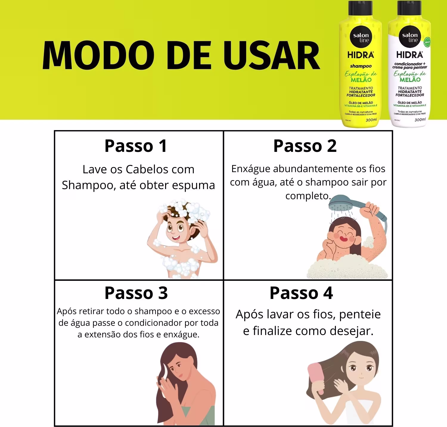 A imagem mostra o modo de usar o produto em 4 passos