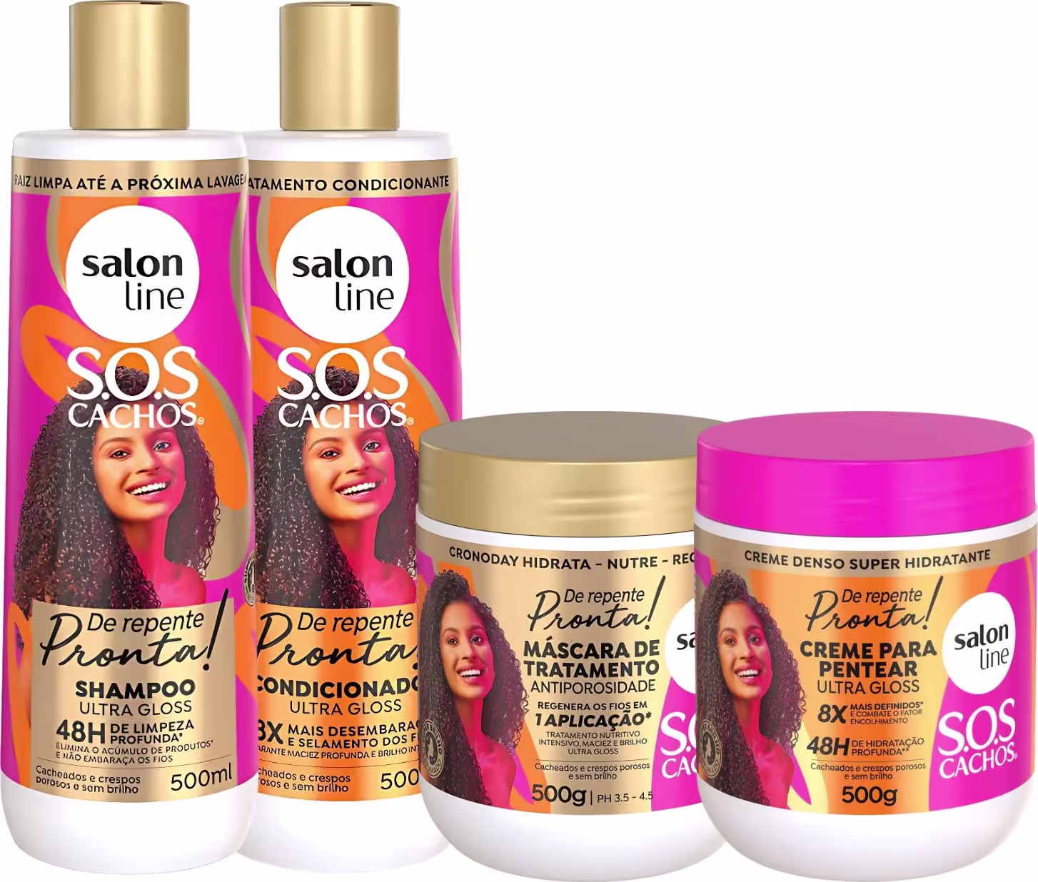 Kit Salon Line Sos Cachos De Repente Pronta! com Shampoo 500ml, Condicionador 500ml, Máscara 500g e Creme para Pentear 500g