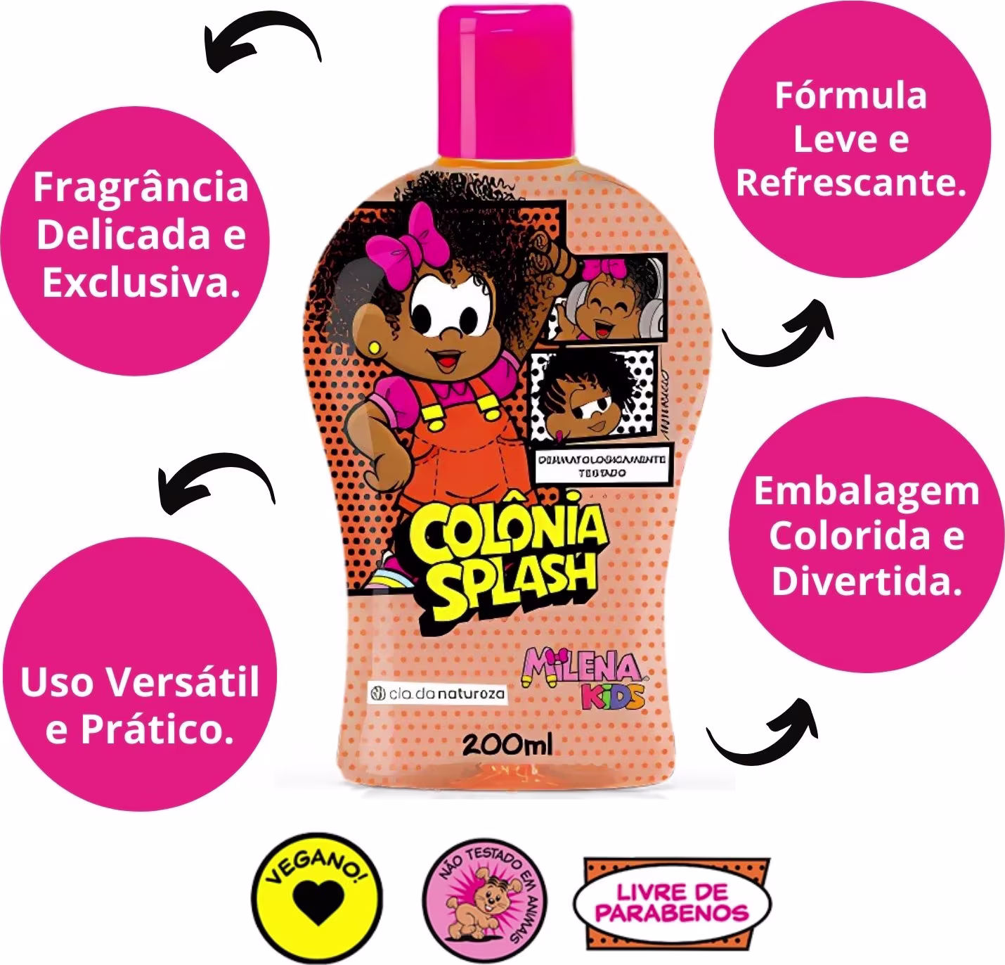 Fragrância Delicada e Exclusiva. Fórmula Leve e Refrescante. Embalagem Colorida e Divertida. Uso Versátil e Prático.