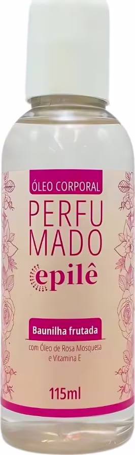 Óleo corporal perfumado Epile em frasco de 115ml, com rótulo rosa e branco destacando a fragrância de baunilha frutada e os ingredientes de óleo de rosa mosqueta e vitamina E.