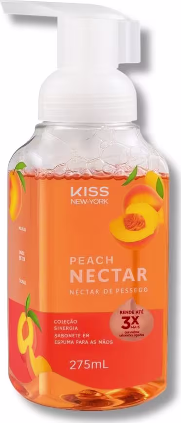 Frasco de espuma de sabonete líquido da marca Kiss New York, com rótulo laranja e texto "Peach Nectar", contendo 275 ml do produto.