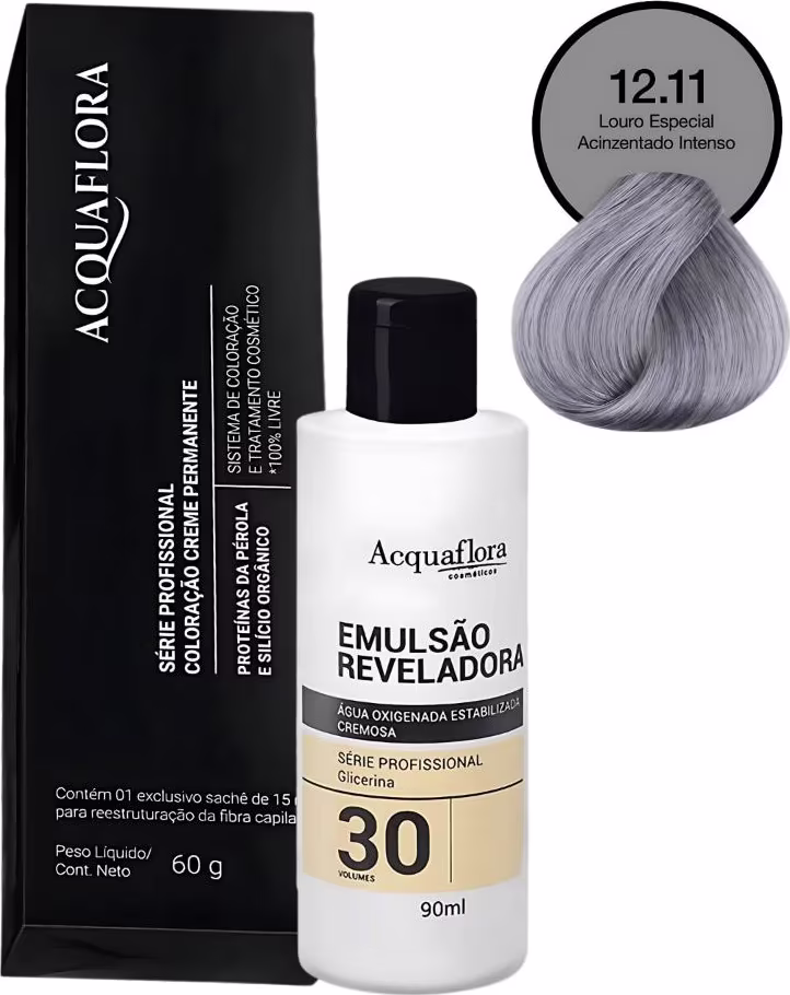 Caixa preta com logotipo Acquaflora, frasco branco com rótulo "Emulsão Reveladora 30 volumes", e amostra de coloração capilar na cor cinza.