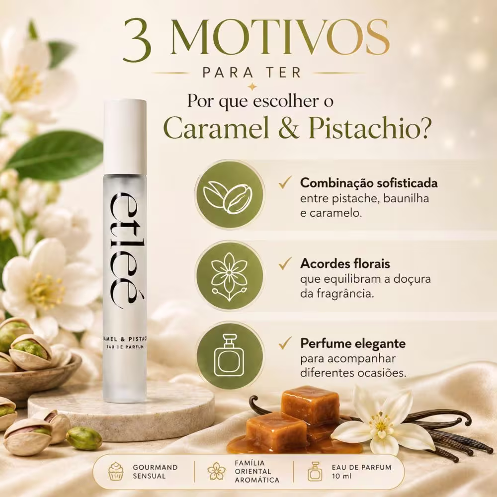 Imagem com texto sobre 3 motivos para ter o Caramel & Pistachio: combinação sofisticada entre pistache, baunilha e caramelo; acordes florais que equilibram a doçura da fragrância; perfume elegante para acompanhar diferentes ocasiões.