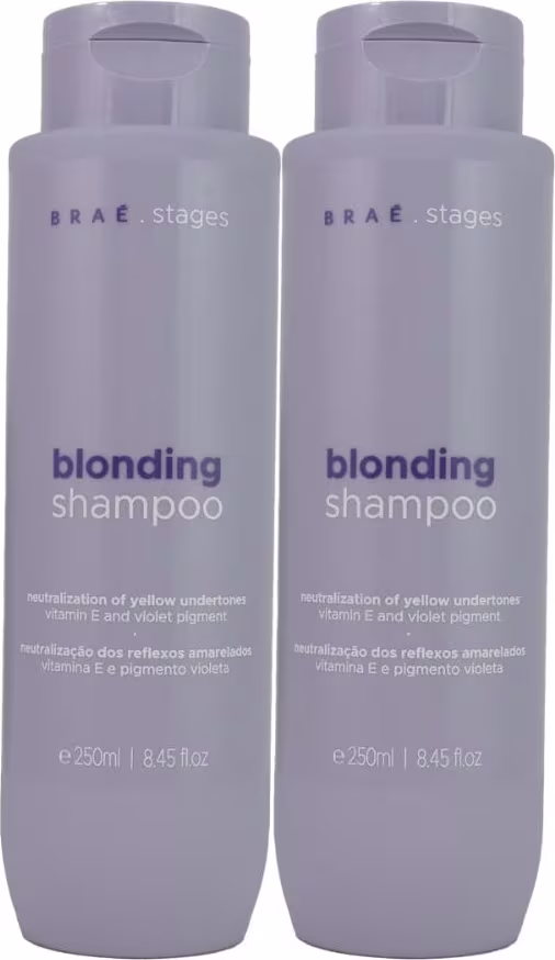 Dois frascos de shampoo Braé Stages Blonding, com 250ml cada, em embalagem cinza com texto em inglês e português indicando a neutralização de reflexos amarelados e pigmento violeta.