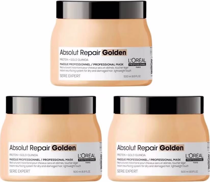 Três frascos de máscara profissional Absolut Repair Golden da L'Oréal Professionnel, com embalagem em tons de laranja e preto, contendo informações sobre os ingredientes e benefícios do produto.