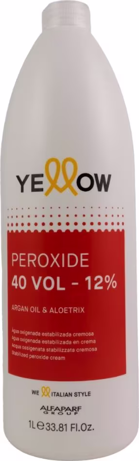 Frasco branco de 1 litro de peróxido Yellow com 40 vol - 12%, contendo óleo de argan e aloetrix, com rótulo vermelho e amarelo destacando a marca Yellow.