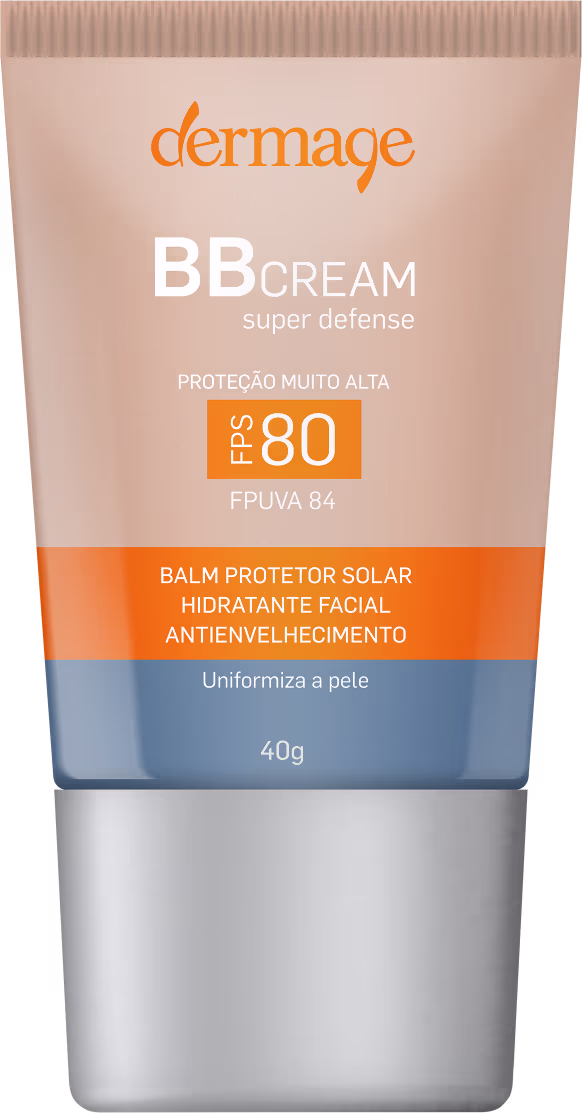 Tubo de creme facial BB da marca Dermage, com proteção solar FPS 80. Embalagem em tons de bege e laranja, com informações sobre os benefícios do produto, como hidratação e uniformização da pele.