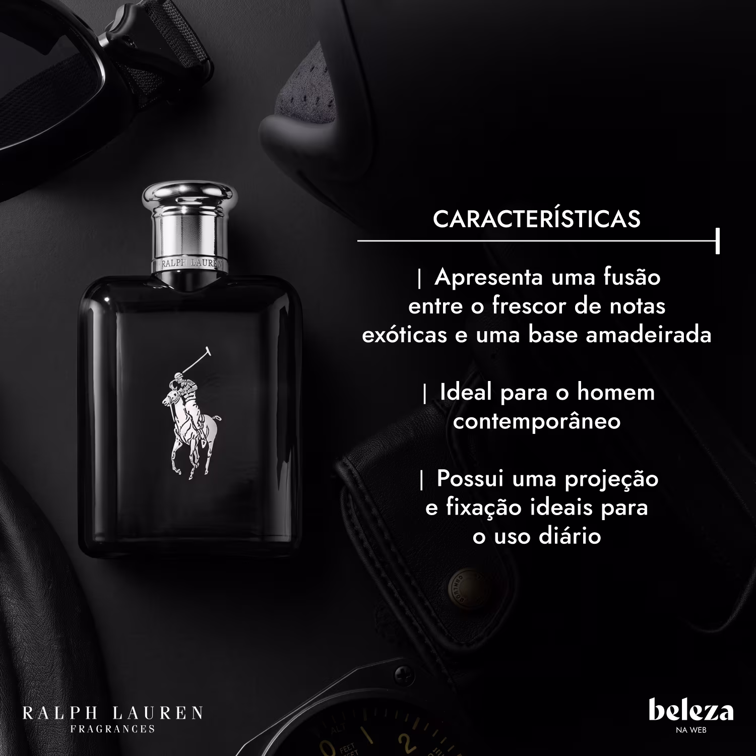 Frasco de item de perfumaria da marca Ralph Lauren com projeção e fixação ideais para uso diário, apresentando fusão entre notas exóticas e base amadeirada.