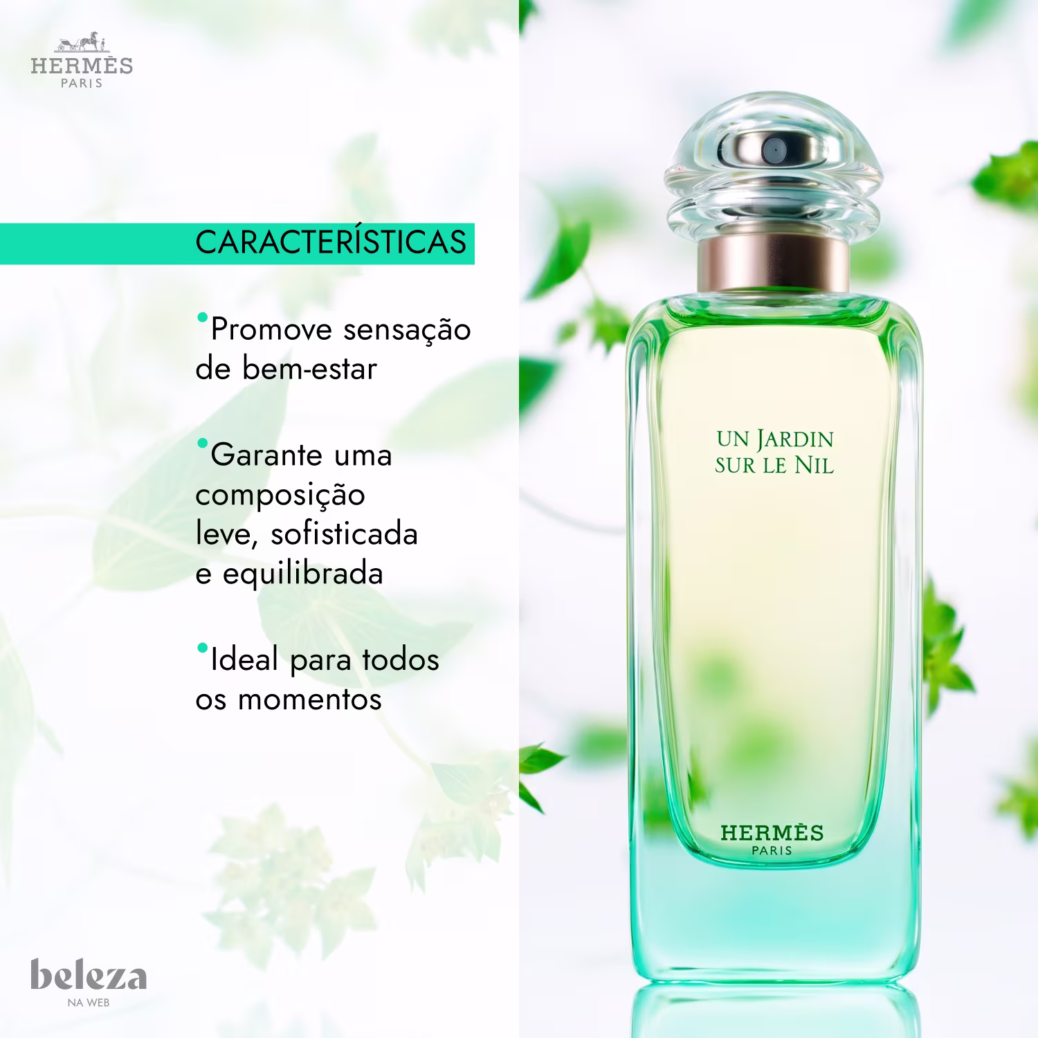Frasco de item de perfumaria da marca Hermès com rótulo "Un Jardin sur le Nil" em fundo desfocado de folhas verdes.
