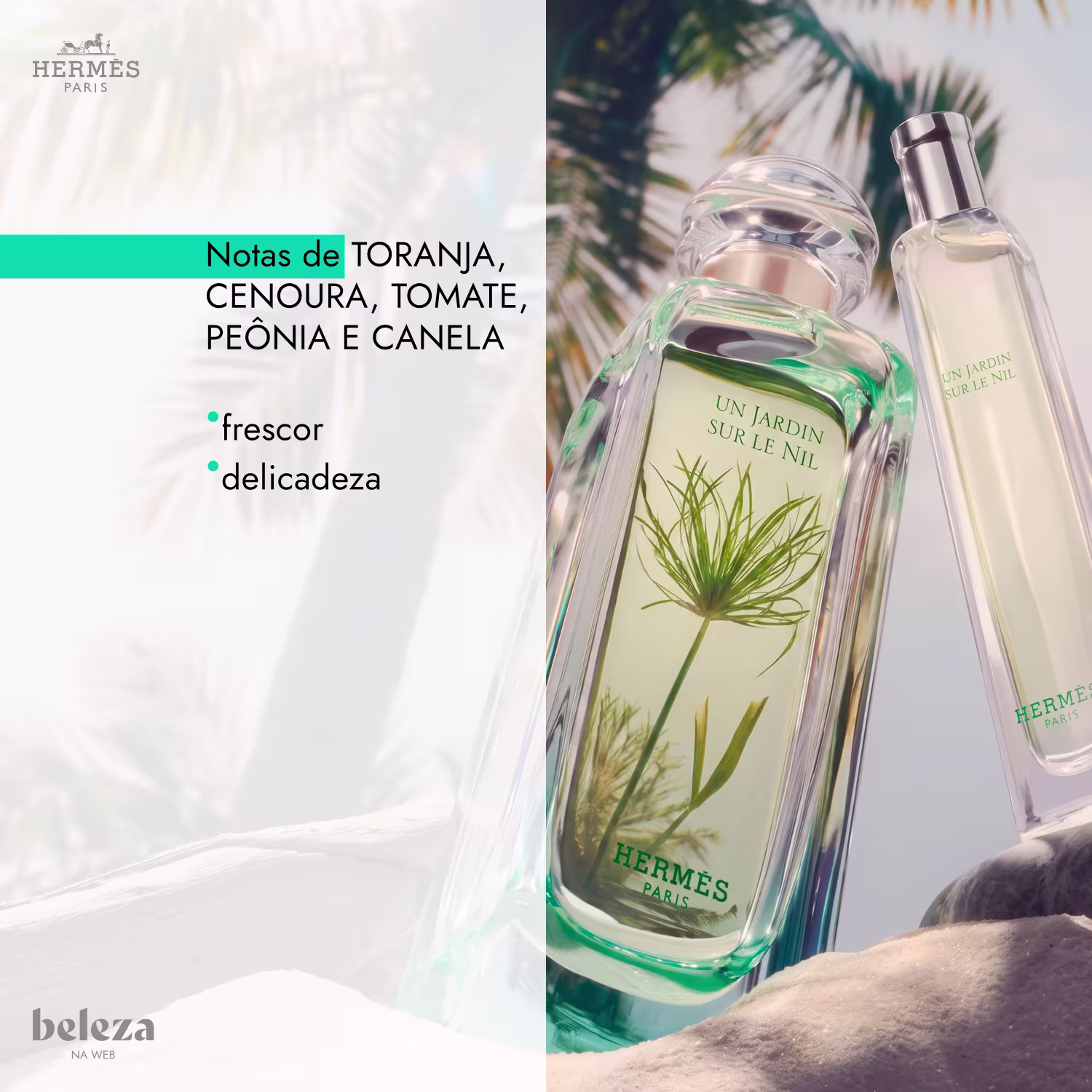 Dois itens de perfumaria da marca Hermès com notas de toranja, cenoura, tomate, peônia e canela, destacando frescor e delicadeza.