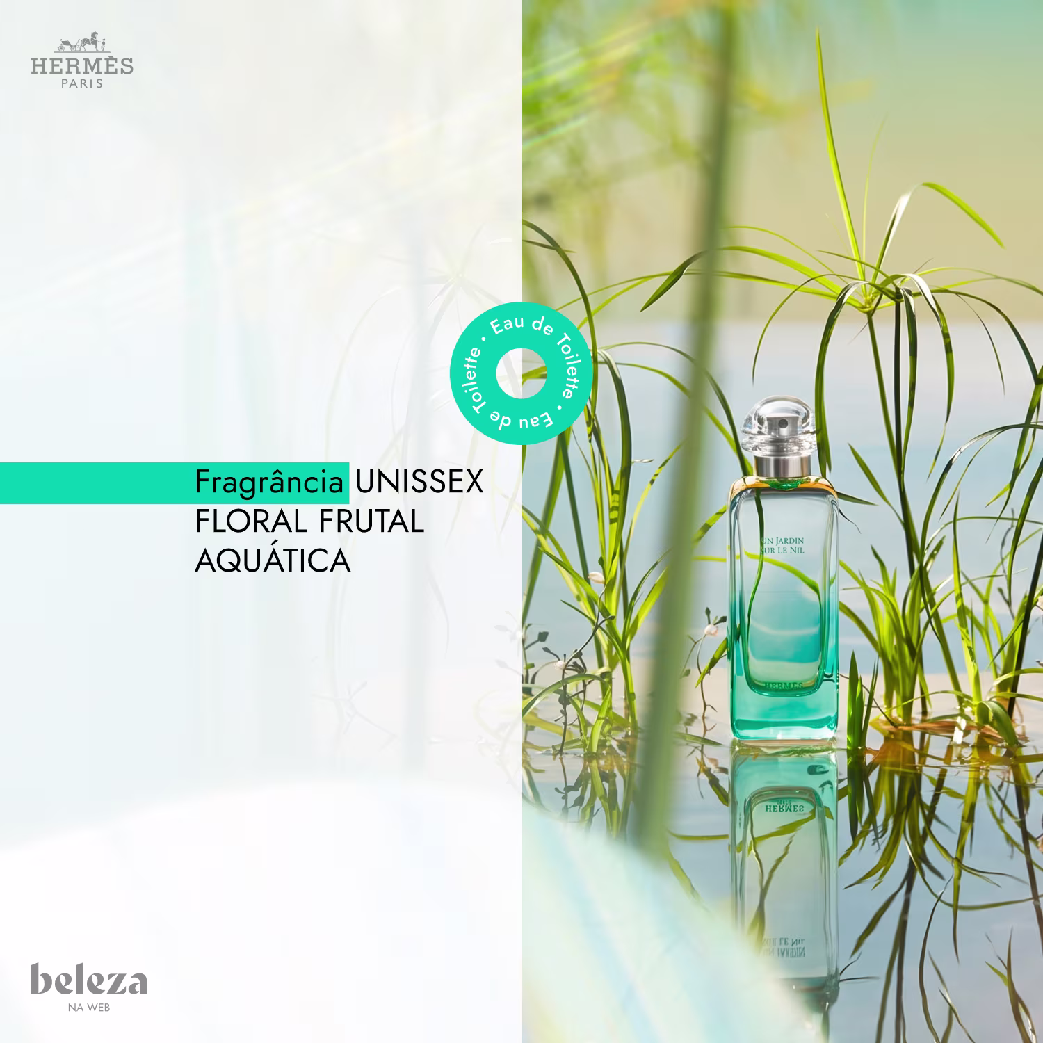 Frasco de perfume Hermès "Un Jardin sur le Nil", com design elegante em vidro e metal, rótulo em letras brancas sobre fundo verde claro, evocando uma fragrância fresca e natural.