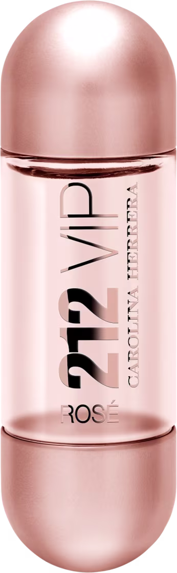 Frasco de perfume de cabelo Carolina Herrera, com design arredondado e tampa dourada, exibindo o nome "212 VIP ROSÉ" em letras pretas.