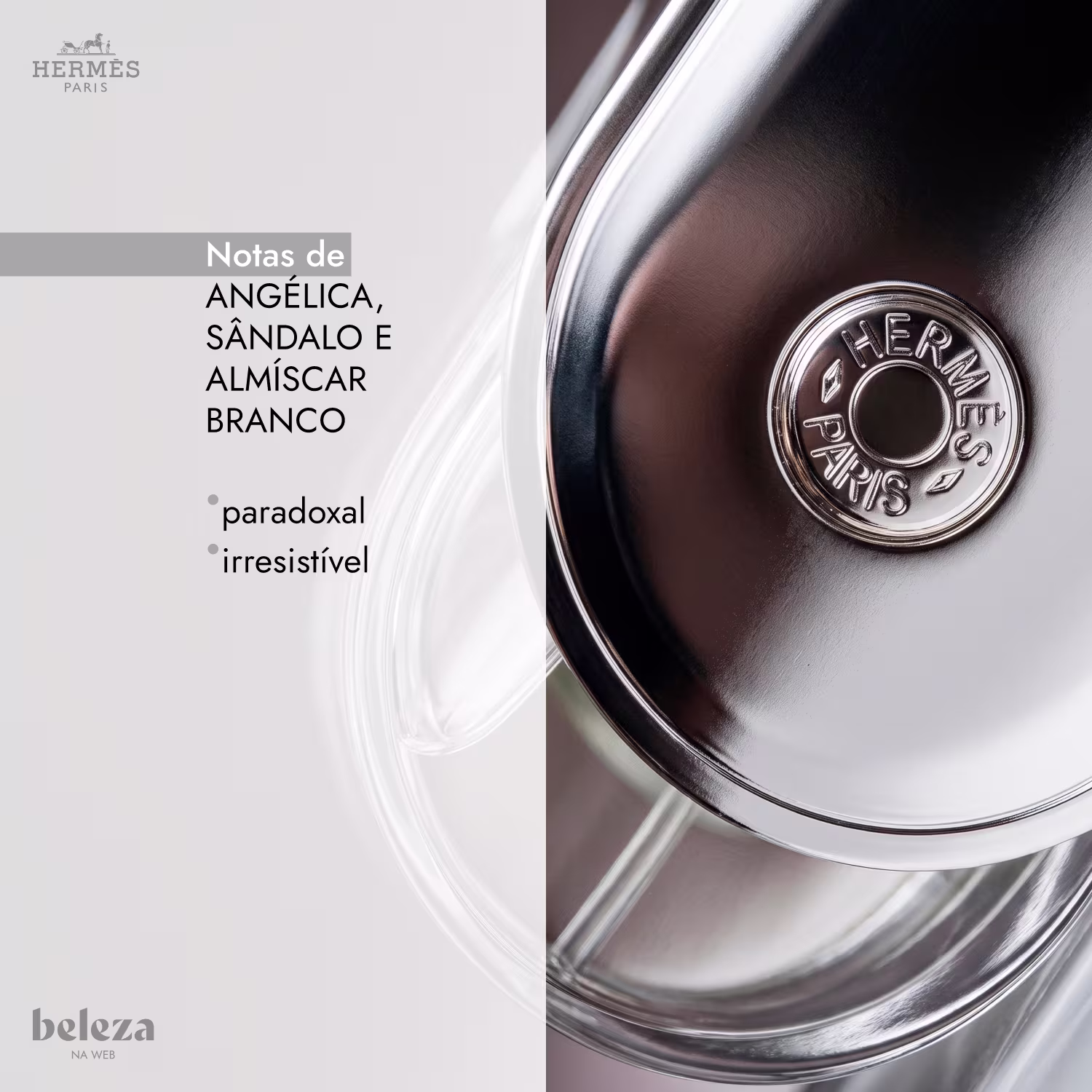 Detalhe da embalagem do frasco de item de perfumaria da marca Hermès, contendo notas de angélica, sândalo e almíscar branco, descrita como paradoxal e irresistível.