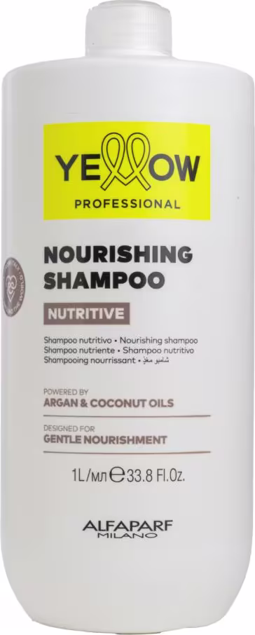 Frasco branco de shampoo nutritivo da marca Yellow Professional, com rótulo amarelo destacando o nome da marca e a descrição "Nourishing Shampoo". O produto é apresentado em embalagem de 1 litro.