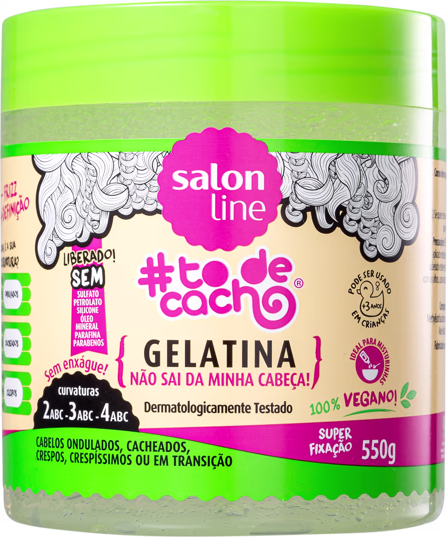 Pote verde-limão com rótulo rosa da linha Salon Line, contendo gelatina para cabelos ondulados, cacheados, crespos ou em transição, com informações sobre ser vegano e testado dermatologicamente.