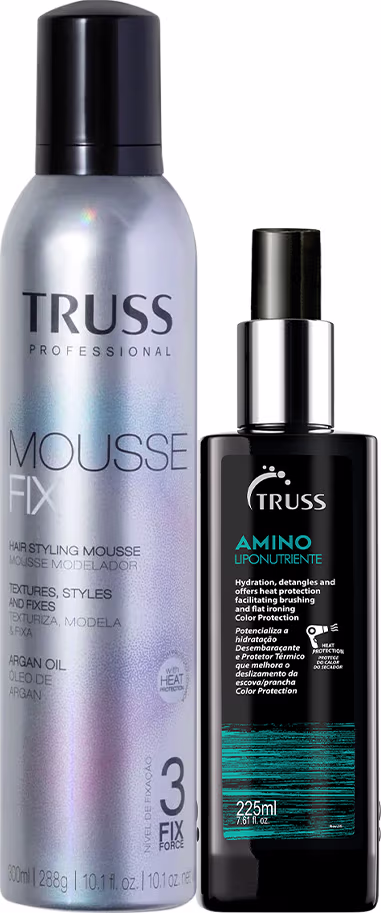 Dois produtos da marca TRUSS: um frasco de espuma fixadora Mousse Fix e um frasco de tratamento capilar Amino Nutriente, ambos com embalagens pretas e cinzas.