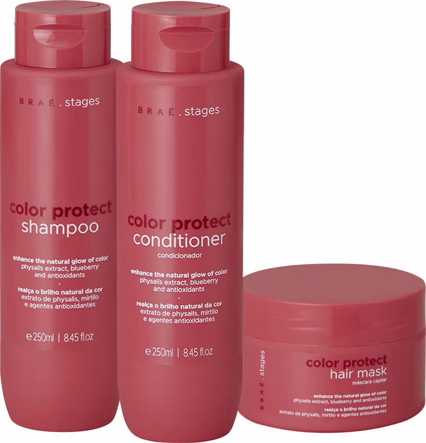 Conjunto de produtos Braé para proteção da cor do cabelo, incluindo shampoo, condicionador e máscara, em embalagens de plástico vermelho com detalhes em branco.