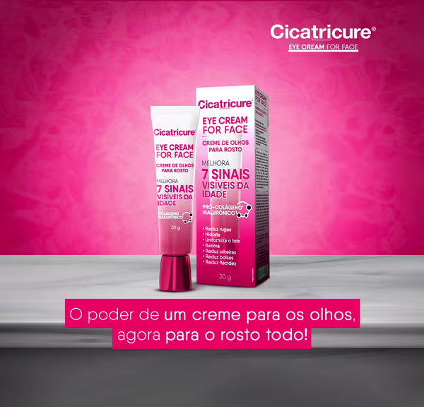 O poder de um creme para os olhos, agora para o rosto todo! Cicatricure Eye Cream for Face melhora 7 sinais visíveis da idade: rugas, manchas, hidrata, uniformiza o tom e reduz flacidez.