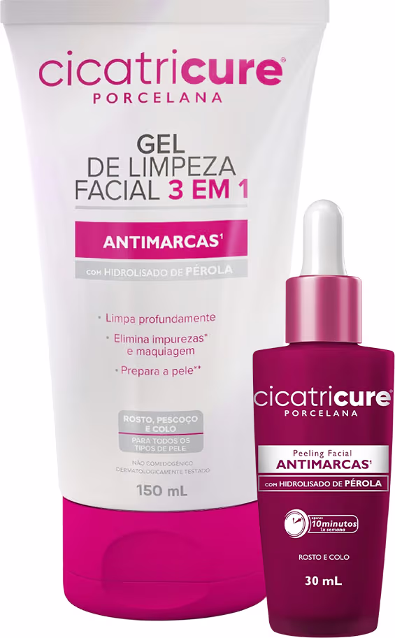 O produto Cicatricure Porcelana consiste em um gel de limpeza facial 3 em 1 antimarcas, em embalagem branca e rosa, e um peeling facial antimarcas em frasco rosa, ambos com rótulos destacando seus benefícios.