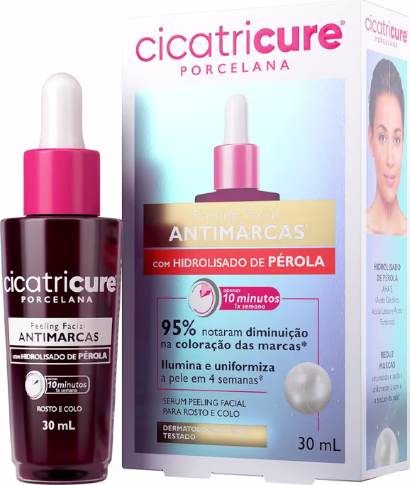 O produto Cicatricure Porcelana é um sérum peeling facial antimarcas com hidrolisado de pérola, apresentado em um frasco de 30 mL com embalagem de papelão branca e rosa. O rótulo destaca os benefícios em 4 semanas.