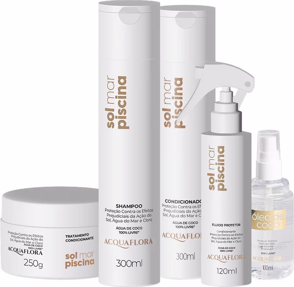 Produtos de cuidados com a pele e cabelos da marca Acquaflora, incluindo shampoo, condicionador, óleo protetor e fluido protetor, em embalagens brancas com detalhes em dourado.