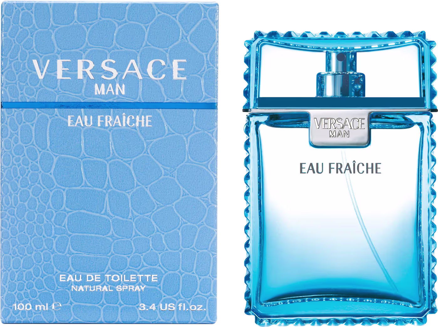 A imagem mostra a embalagem do perfume azul retangular, com o nome da marca acima, nome do perfume mais abaixo e no rodapé, informações sobre concentração e volumetria. Ao lado, o frasco do perfume.