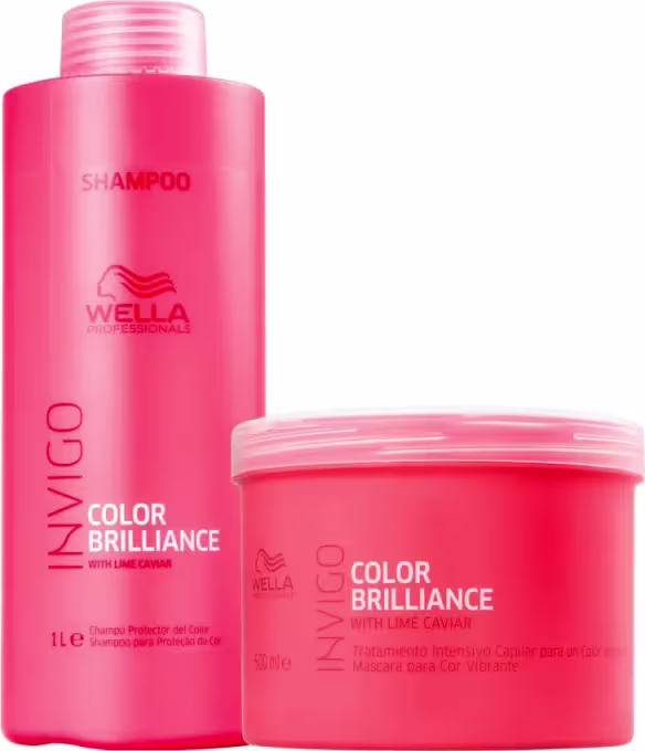 Dois produtos da linha Wella Professionals Color Brilliance, incluindo um frasco de shampoo rosa e um pote de máscara capilar rosa, ambos com rótulos indicando o tratamento para cabelos coloridos.