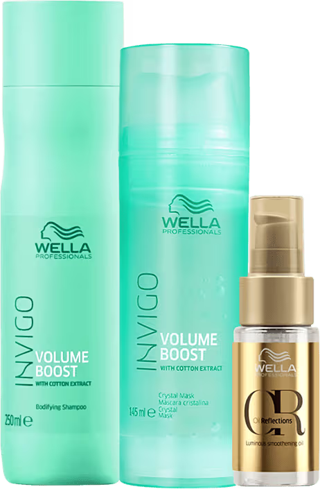 Três produtos Wella Professionals: shampoo Invigo Volume Boost, máscara Invigo Volume Boost e óleo Reflections, em embalagens plásticas e de vidro nas cores verde e dourado.