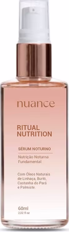 Sérum noturno da linha Ritual Nutrition da marca Nuance. O rótulo exibe o nome da marca "Nuance" em letras douradas, bem como o nome do produto "Ritual Nutrition" e a descrição "Sérum Noturno" em português. O frasco contém 60ml de produto.