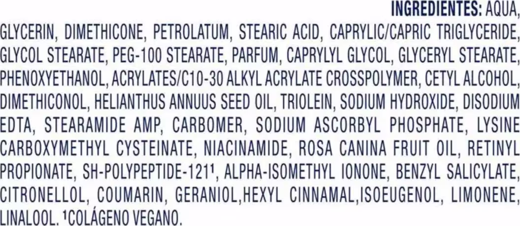 A imagem mostra texto com ingredientes presentes na fórmula.