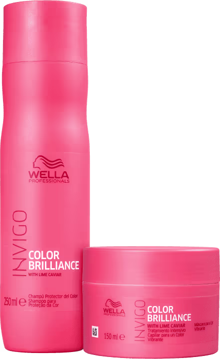 Dois produtos da linha Wella Professionals Color Brilliance, com embalagens em tom de rosa vibrante. Um frasco de shampoo e um pote de máscara, ambos com o nome da linha e o texto "with lime caviar" visível.