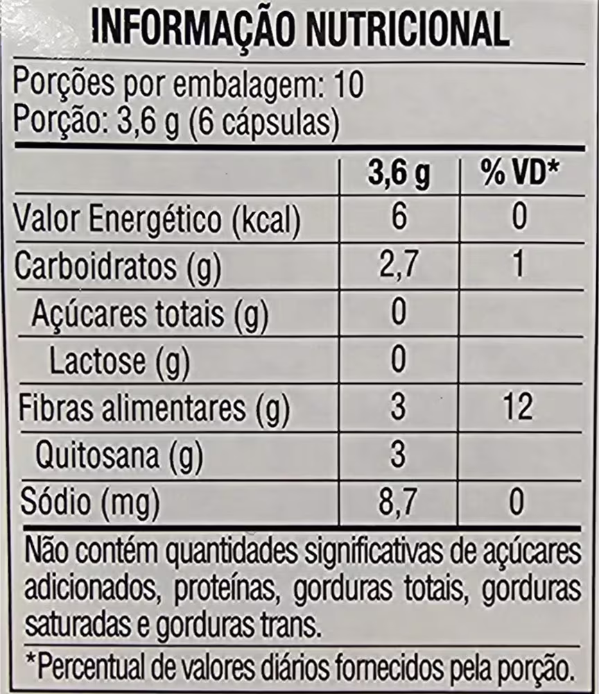 Tabela com informação nutricional do Suplemento Alimentar Lavitan By Redubío Quitosana