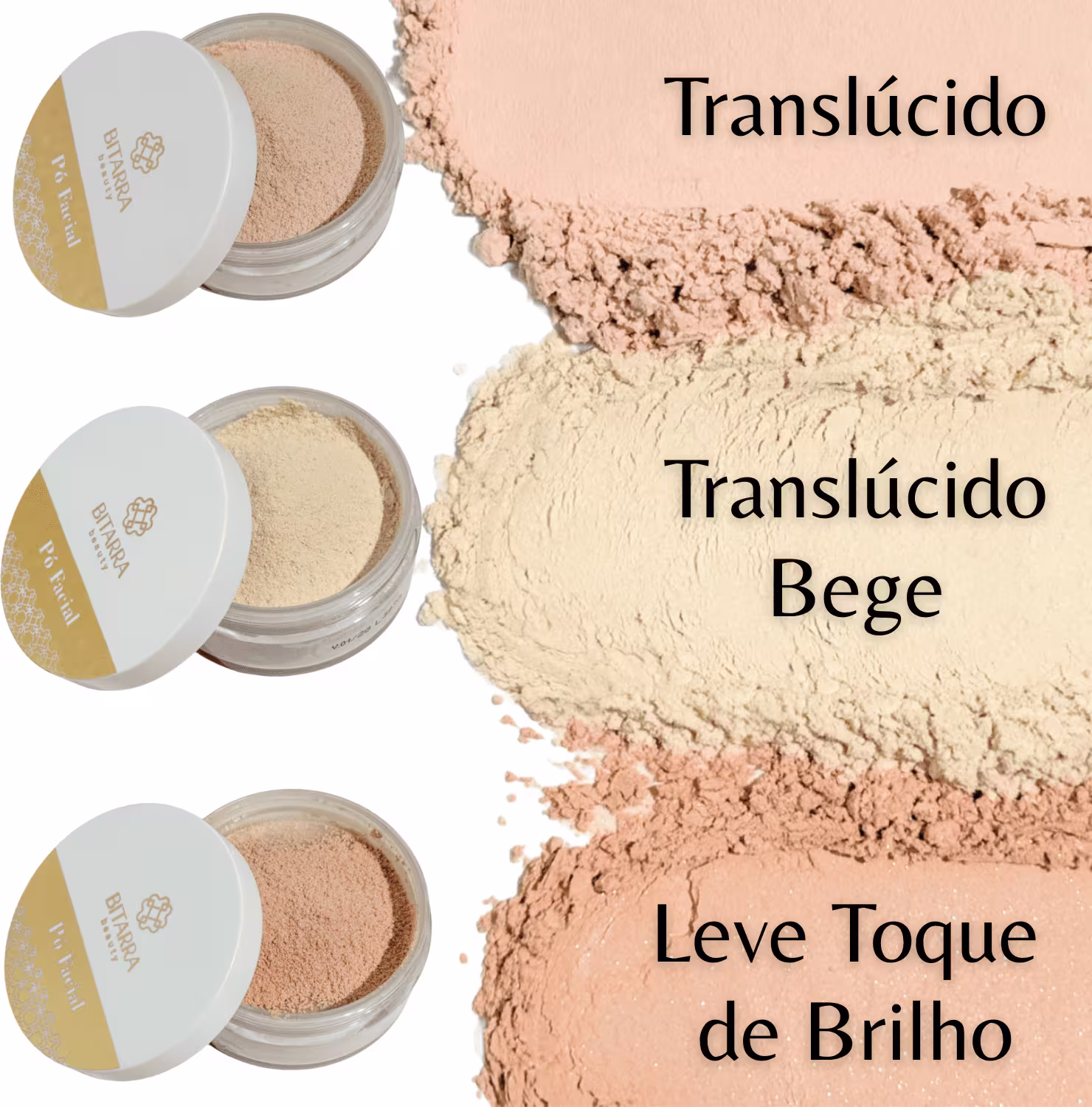 Imagem de produtos de maquiagem da marca Bitarra Beauty, incluindo pós translúcidos em diferentes tons de bege. O cenário apresenta uma superfície com os produtos e seus nomes, indicando um ambiente de apresentação ou demonstração de produtos de beleza.