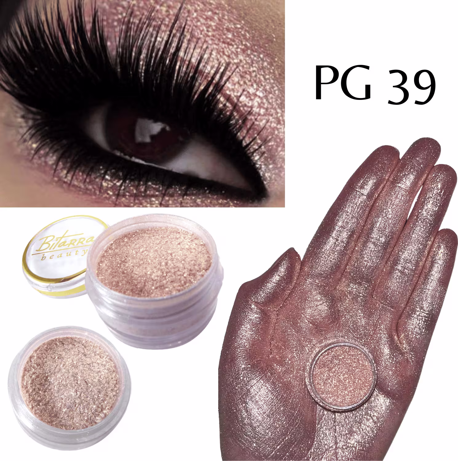 Pó brilhante de sombra em embalagem de plástico da marca Bitarra Beauty, na cor PG 39, acompanhado de imagem de olho com cílios longos e sombra brilhante.