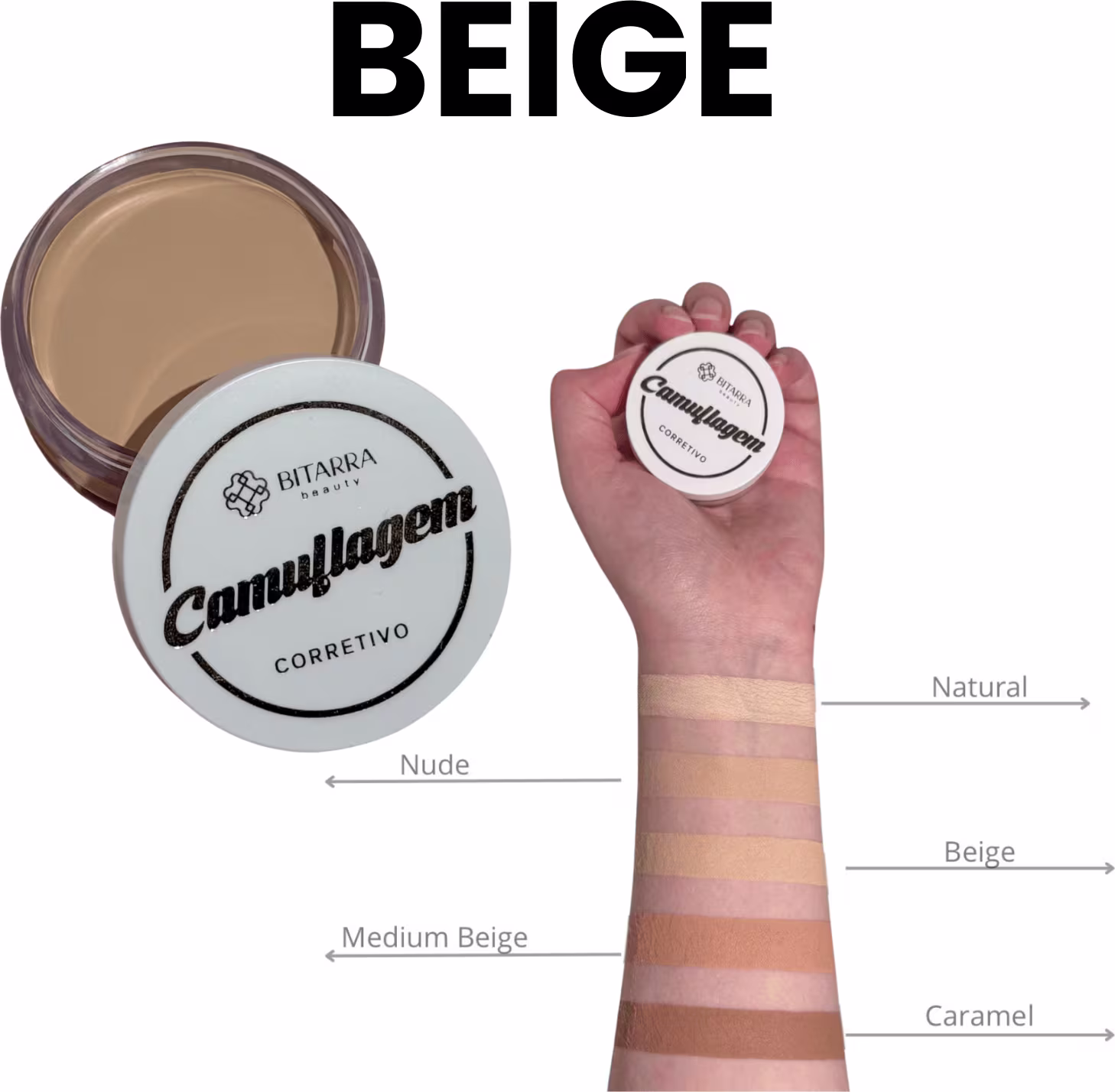 A imagem mostra um produto de maquiagem da marca Bitarra, um corretivo compacto, com uma mão segurando o produto. Traz amostra dos tons Nude, Natural, Beige, Medium Beige e Caramel