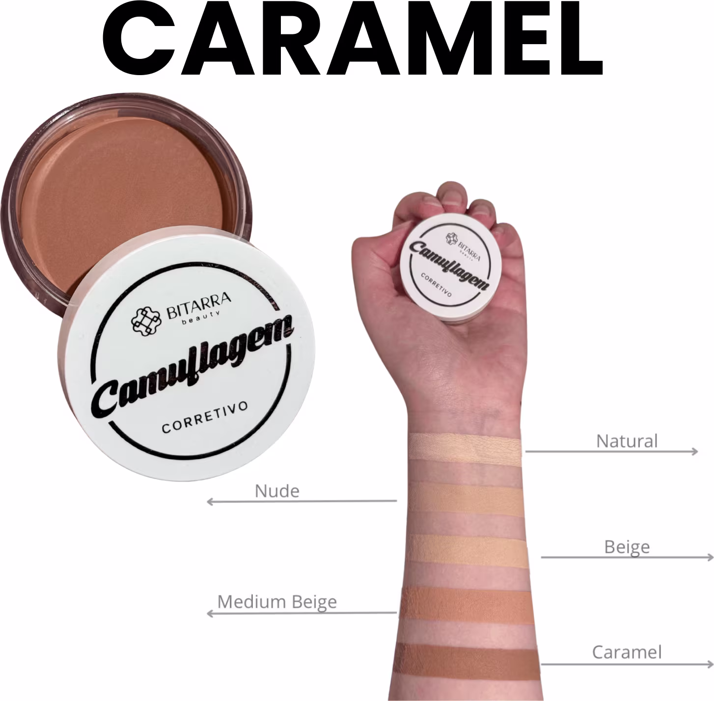 A imagem mostra um produto de maquiagem da marca Bitarra, um corretivo compacto, com uma mão segurando o produto. Traz amostra dos tons Nude, Natural, Beige, Medium Beige e Caramel