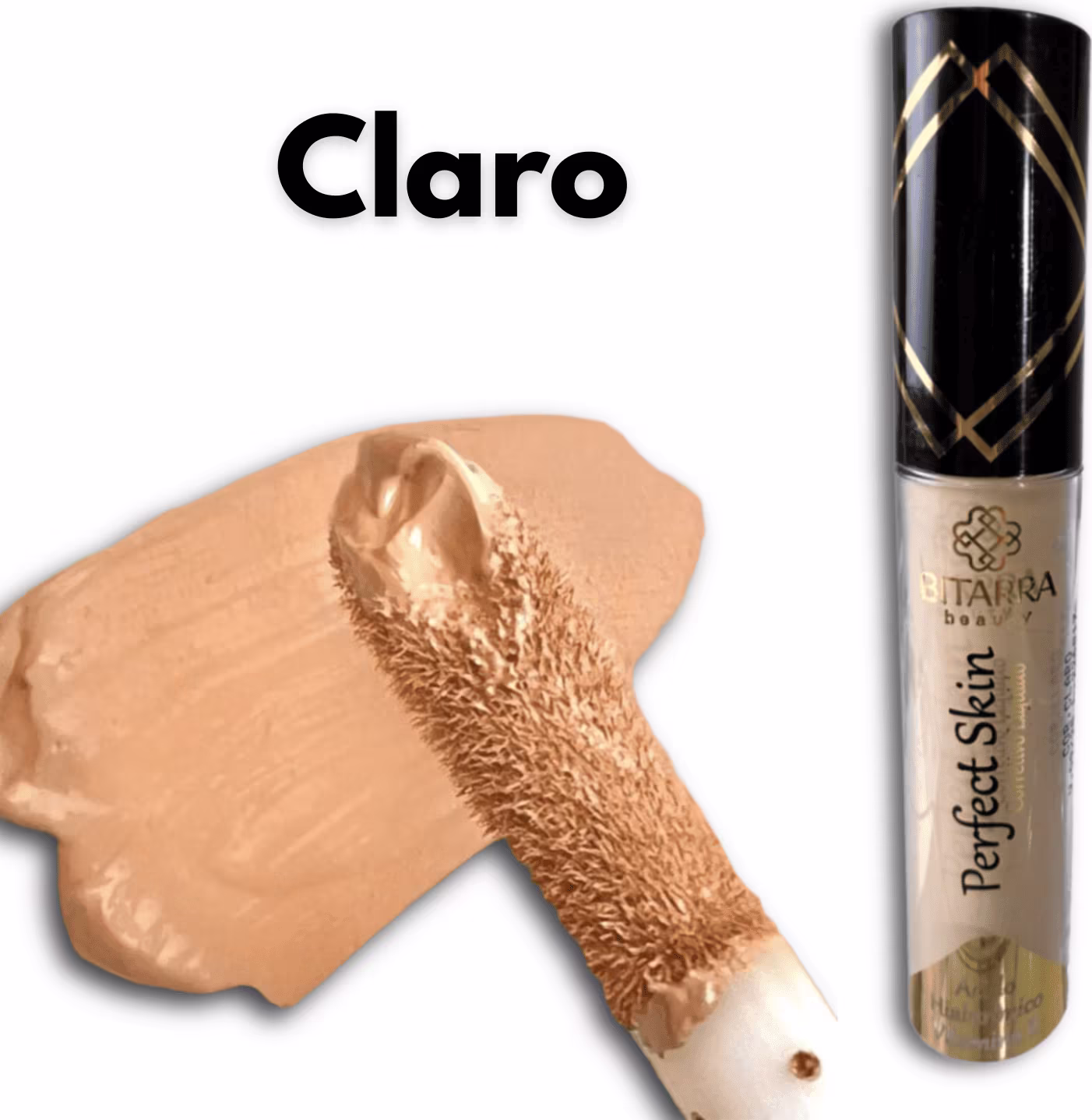 O produto de beleza Bitarra Beauty é um frasco preto e dourado com o nome "Claro" impresso. Ao lado, há um produto de pele com uma embalagem bege e textura aveludada.