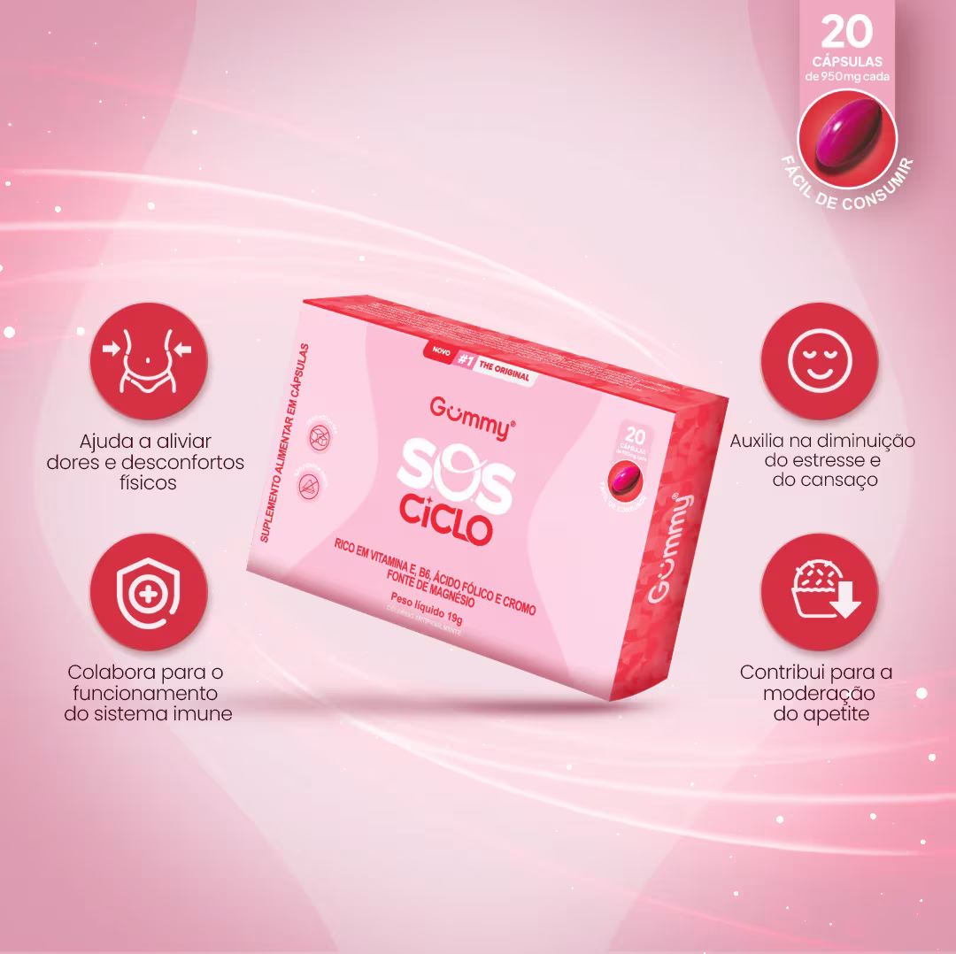 Produto nutricional em cápsulas para suplementação do ciclo menstrual.  Rico em vitaminas e ácidos graxos para magnésio e cromo. Indica auxiliar no alívio de dores e desconfortos físicos, diminuição do estresse e cansaço, funcionamento do sistema imune.