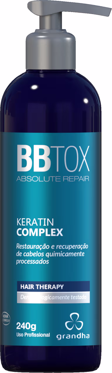 Frasco de tratamento capilar Grandha BB Tox Absolute Repair, com 240g, contendo Keratin Complex. Embalagem em tom azul e roxo, com rótulo destacando os benefícios de restauração e recuperação dos cabelos quimicamente processados.